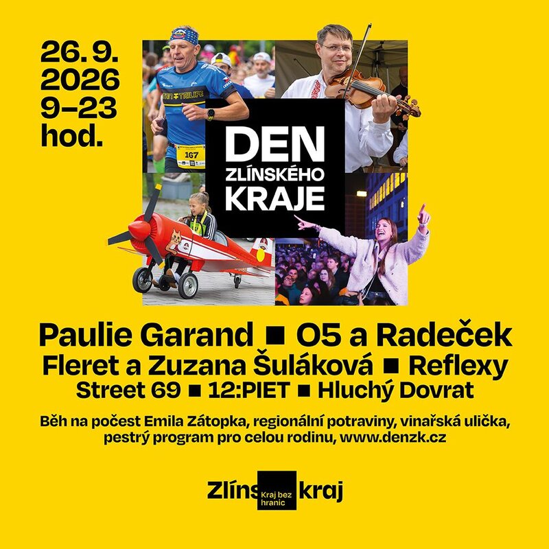 Den Zlínského kraje nabídne už v sobotu 26. září koncerty, řemesla i program pro celou rodinu. Nově také na parkovišti Gahurova.